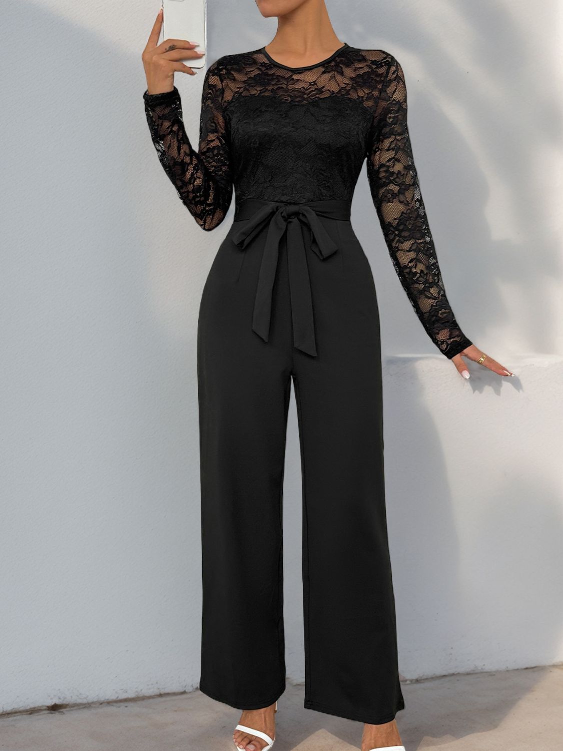 Women’s Lace Round Neck Long Sleeve Jumpsuit