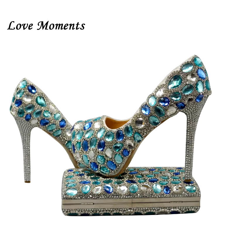 Love Moments Sea Blue Crystal Ladies Wedding Shoes with Matching Bags Galosh Para High Heels Platform Shoes Woman Shoes and Bags