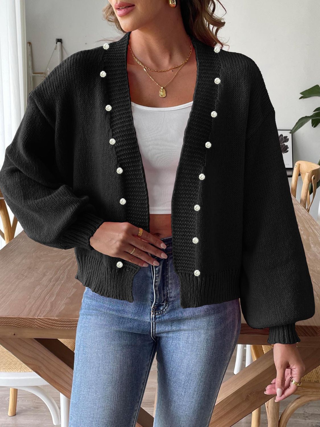 Pearl Open Front Long Sleeve Cardigan.