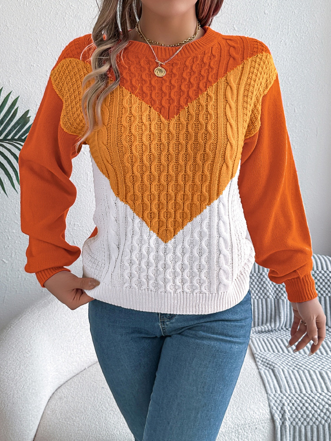 Contrast Round Neck Long Sleeve Sweater.