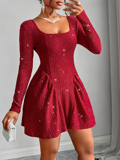 Backless Glitter Square Neck Long Sleeve Mini Dress