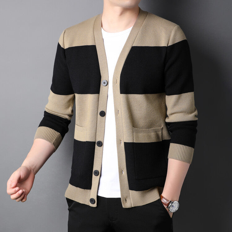 Men's Striped Cardigan Single-breasted Long Sleeve.