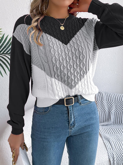 Contrast Round Neck Long Sleeve Sweater.