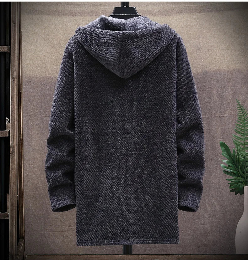 Mens Long Knit Cardigan Autumn Winter Sweater Coat Fleece Heavy Hoodie Solid Chenille Men's Fashion Jacket