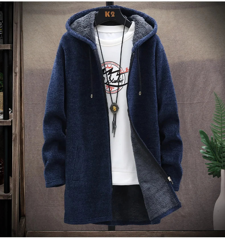 Mens Long Knit Cardigan Autumn Winter Sweater Coat Fleece Heavy Hoodie Solid Chenille Men's Fashion Jacket