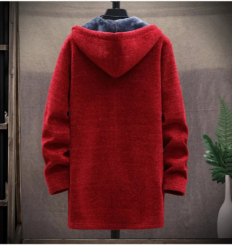 Mens Long Knit Cardigan Autumn Winter Sweater Coat Fleece Heavy Hoodie Solid Chenille Men's Fashion Jacket