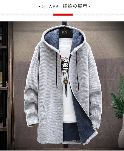 Mens Long Knit Cardigan Autumn Winter Sweater Coat Fleece Heavy Hoodie Solid Chenille Men's Fashion Jacket