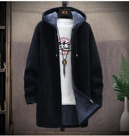 Mens Long Knit Cardigan Autumn Winter Sweater Coat Fleece Heavy Hoodie Solid Chenille Men's Fashion Jacket