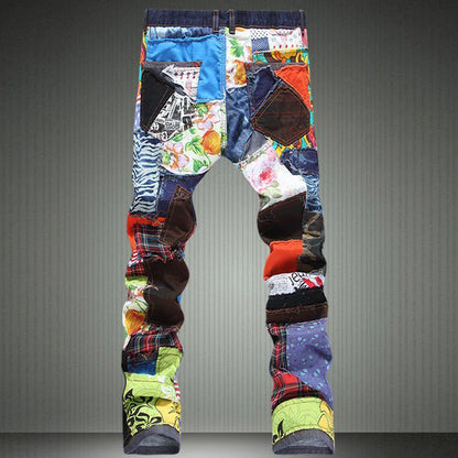 Men's patchwork spliced ripped denim jeans