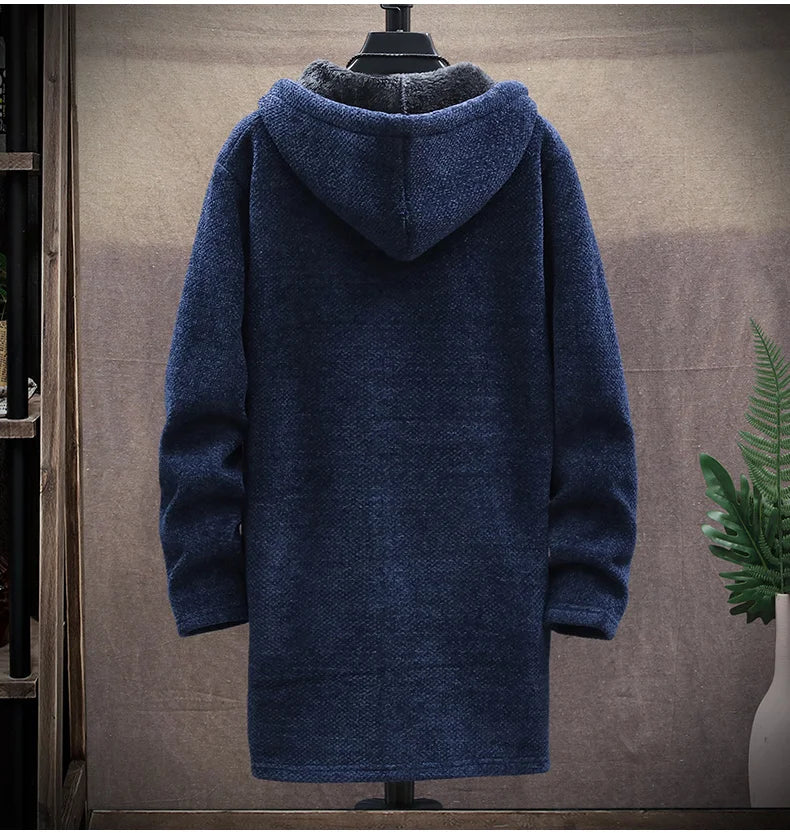 Mens Long Knit Cardigan Autumn Winter Sweater Coat Fleece Heavy Hoodie Solid Chenille Men's Fashion Jacket