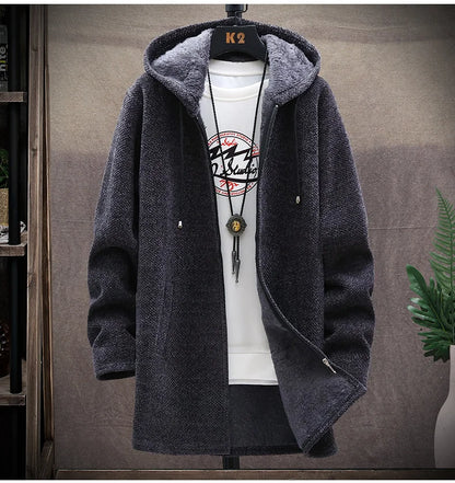 Mens Long Knit Cardigan Autumn Winter Sweater Coat Fleece Heavy Hoodie Solid Chenille Men's Fashion Jacket