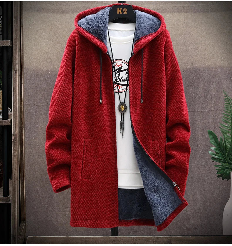 Mens Long Knit Cardigan Autumn Winter Sweater Coat Fleece Heavy Hoodie Solid Chenille Men's Fashion Jacket