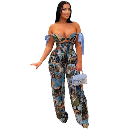 Women's Printed Oil Painting Pattern Strap Drawstring Multi-pocket Pants Suit