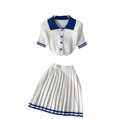 Short Sleeve Shirt Top High Waist Slimming Pleated Skirt Two-piece Set