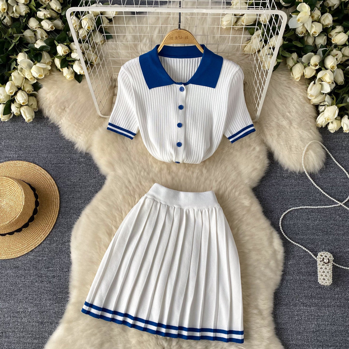 Short Sleeve Shirt Top High Waist Slimming Pleated Skirt Two-piece Set