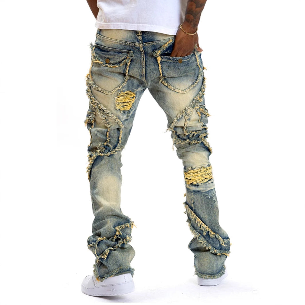 Men's Patchwork Fringe Slightly Flared Stretch Jeans