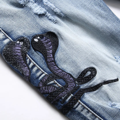 Men Snake Embroidery Jeans Holes Ripped Blue Denim Pants