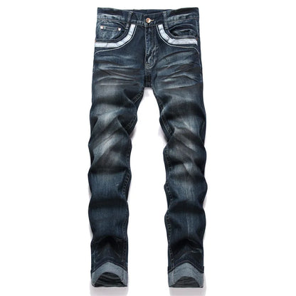 Men's Embroidery Jeans 3D Inner Bleached Slim Fit Broken Hole Long Ink Splash Graffiti Pants High Elastic Zipper Trendy Cat 2024