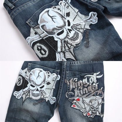 Men's Embroidery Jeans 3D Inner Bleached Slim Fit Broken Hole Long Ink Splash Graffiti Pants High Elastic Zipper Trendy Cat 2024