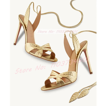 Gold Leaf Classy Ankle Strap Women  Lace Up Thin High Heels