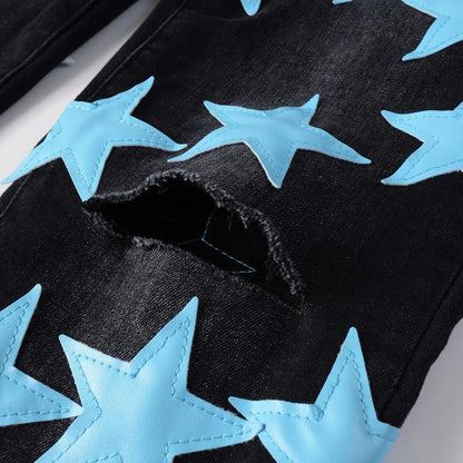 Men Sky Blue Leather Stars Patches Jeans