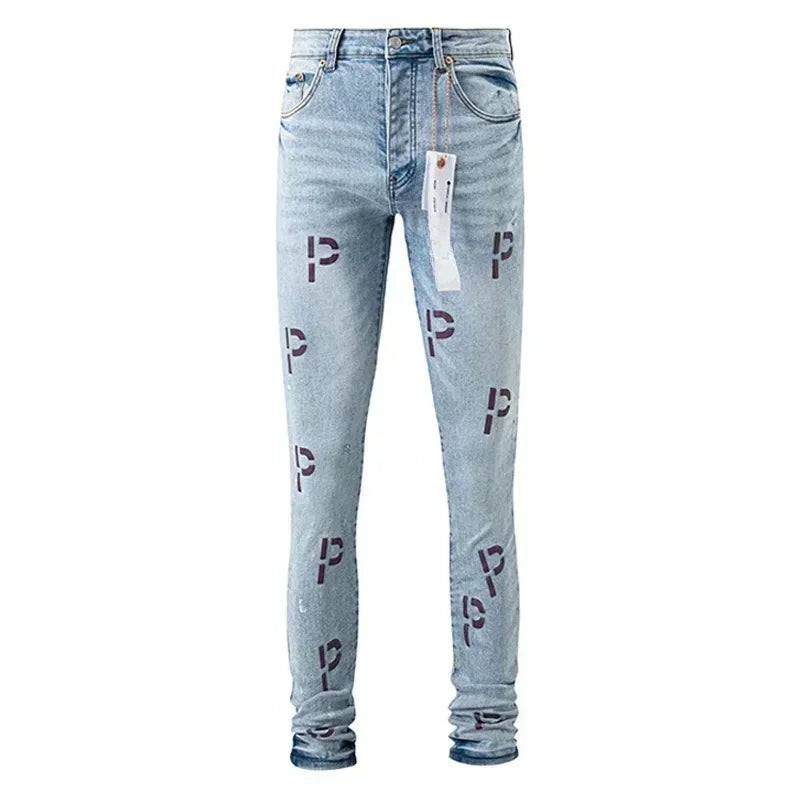 Top quality Purples Men Jeans Embroidered Letter P American brands Straight leg Stylish and slim pants