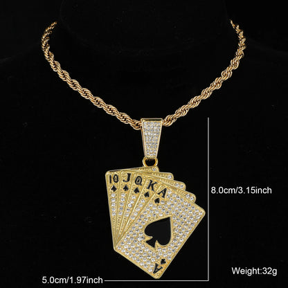 Iced Out Poker Card With 13mm Cuban Link Chain AAA+ Rhinestone Necklaces