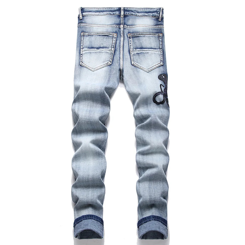 Men Snake Embroidery Jeans Holes Ripped Blue Denim Pants