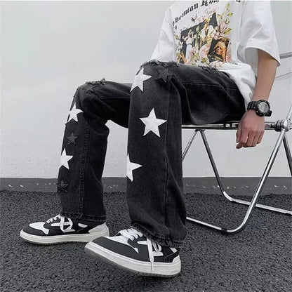 Star Embroidered Jeans Men  Denim Pants