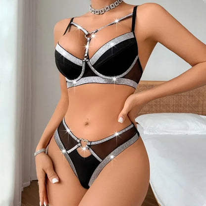 Lingerie Contrast 2 Pieces Glitter Thin Mesh Bra Panty Sets