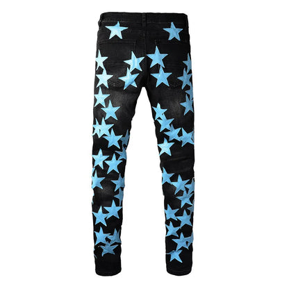 Men Sky Blue Leather Stars Patches Jeans