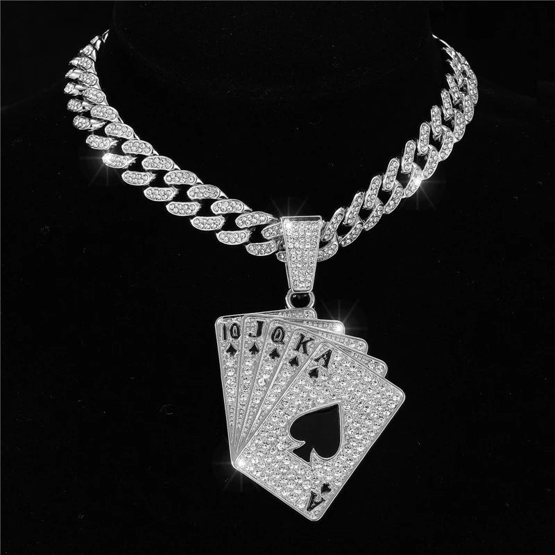 Iced Out Poker Card With 13mm Cuban Link Chain AAA+ Rhinestone Necklaces