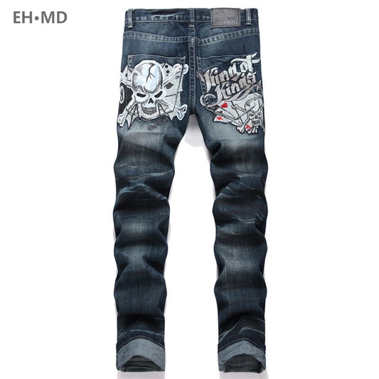 Men's Embroidery Jeans 3D Inner Bleached Slim Fit Broken Hole Long Ink Splash Graffiti Pants High Elastic Zipper Trendy Cat 2024