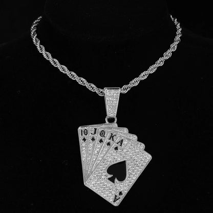 Iced Out Poker Card With 13mm Cuban Link Chain AAA+ Rhinestone Necklaces