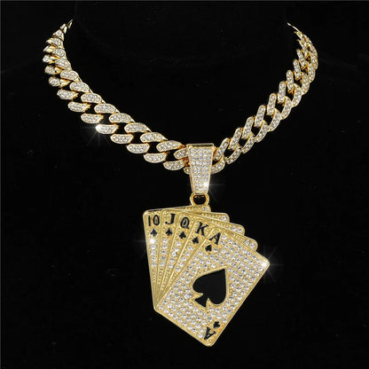 Iced Out Poker Card With 13mm Cuban Link Chain AAA+ Rhinestone Necklaces