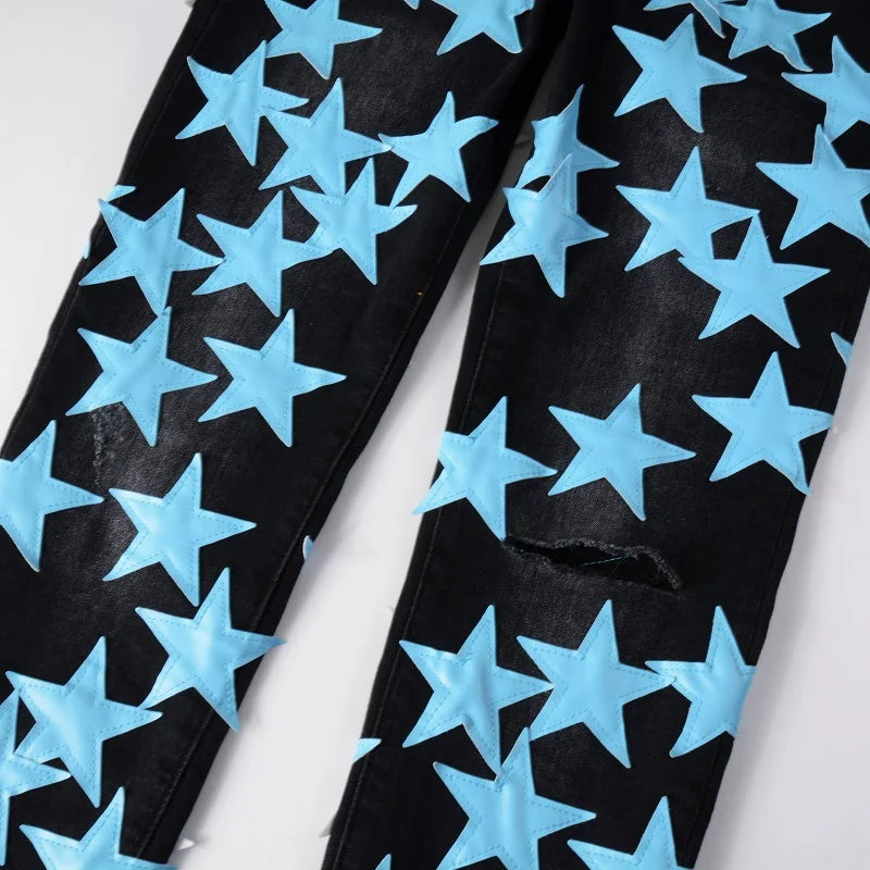 Men Sky Blue Leather Stars Patches Jeans