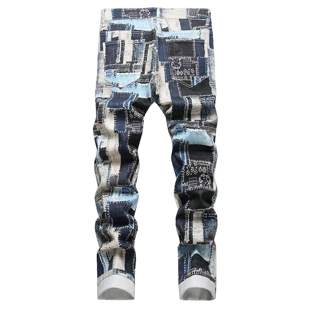 Men Patches Print Stretch Jeans Fashion Colored Painted Denim Pants Slim Straight Trousers