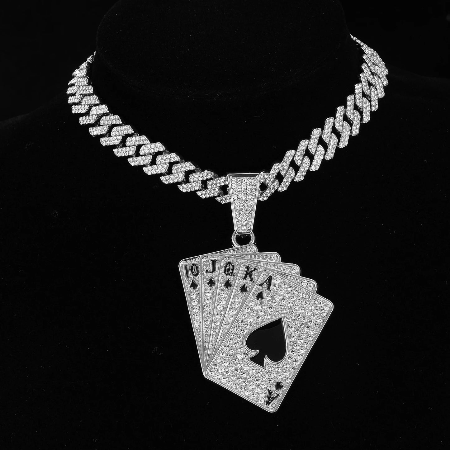 Iced Out Poker Card With 13mm Cuban Link Chain AAA+ Rhinestone Necklaces