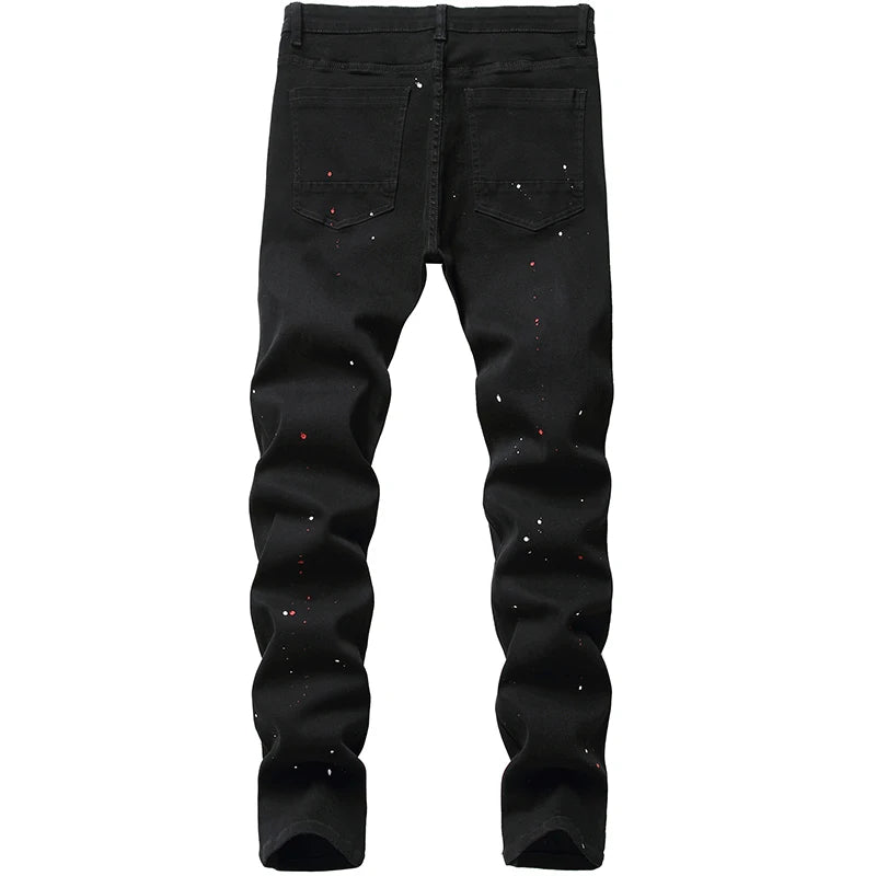 Denim Jeans Hole Design Fashion Lacquer Foot Casual Pants Stretch Regular Fit Black Long Hip Hop Men's New Four Season Plus Size