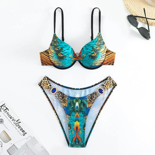 Green Peacock Print 2-piece Bikini for Women