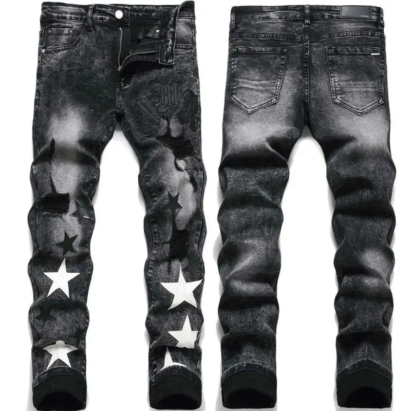 Star Embroidered Jeans Men  Denim Pants