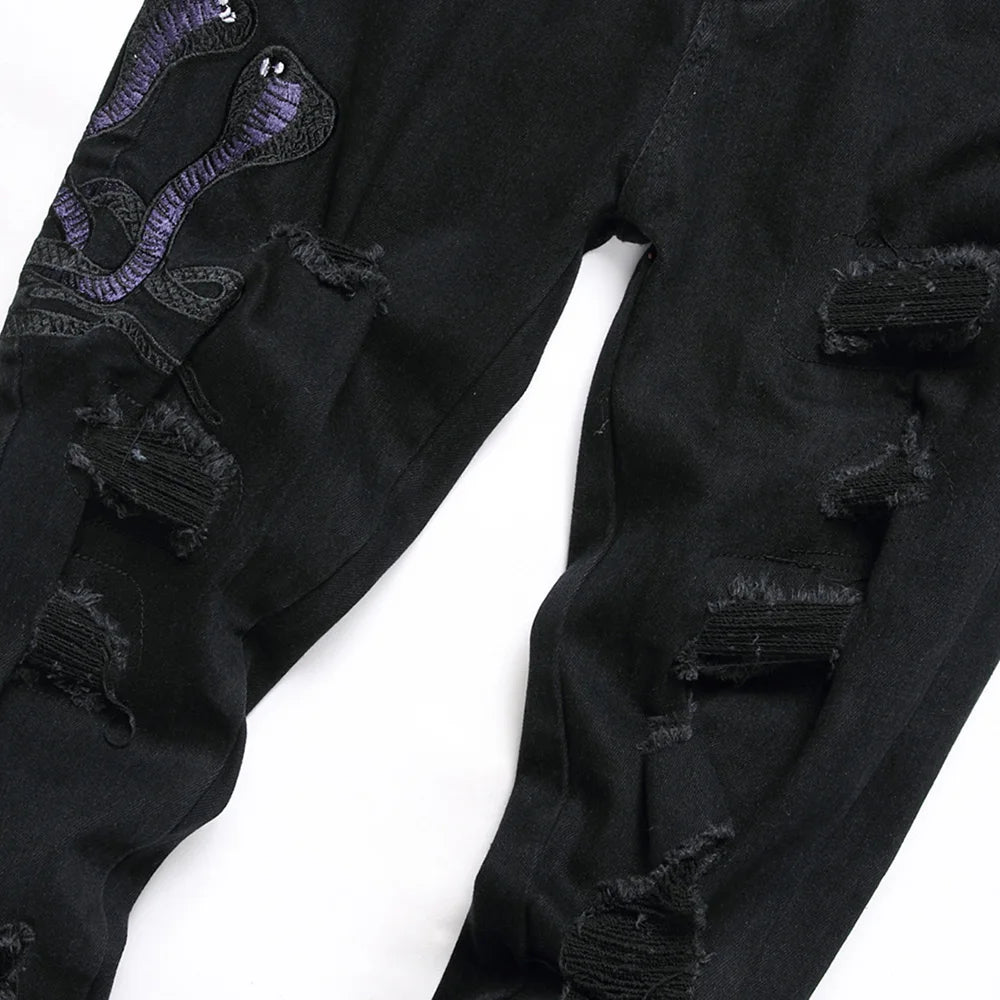 Men Snake Embroidery Jeans Streetwear