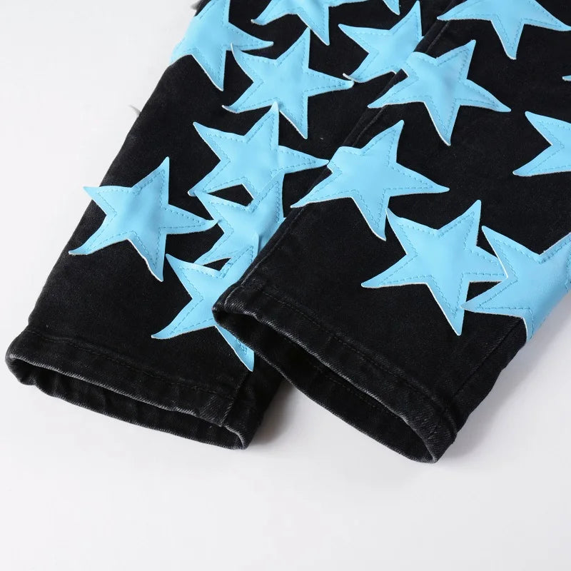 Men Sky Blue Leather Stars Patches Jeans