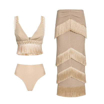 Fringe Trim Bikini Swimsuit High Waist Swimwear with Skirt for Women