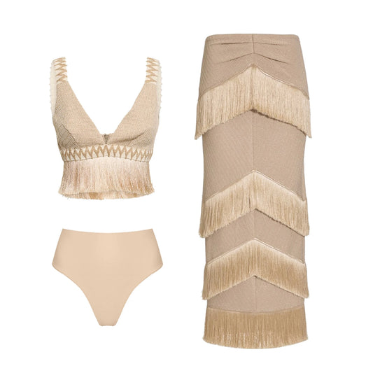 Fringe Trim Bikini Swimsuit High Waist Swimwear with Skirt for Women