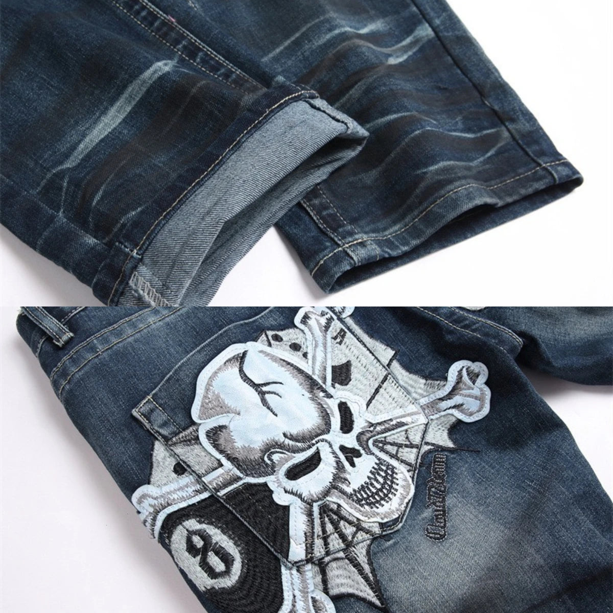 Men's Embroidery Jeans 3D Inner Bleached Slim Fit Broken Hole Long Ink Splash Graffiti Pants High Elastic Zipper Trendy Cat 2024