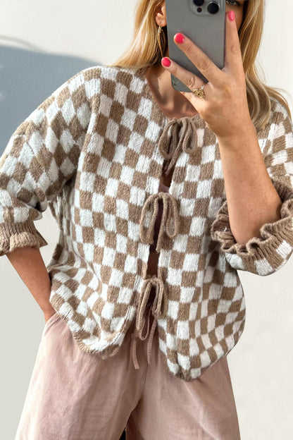 Women’s Checkered Dropped Shoulder Flounce Sleeve Cardigan