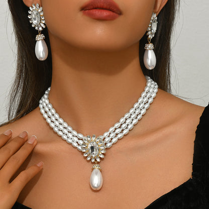 Geometric Women's Pearl Necklace And Earrings Suite