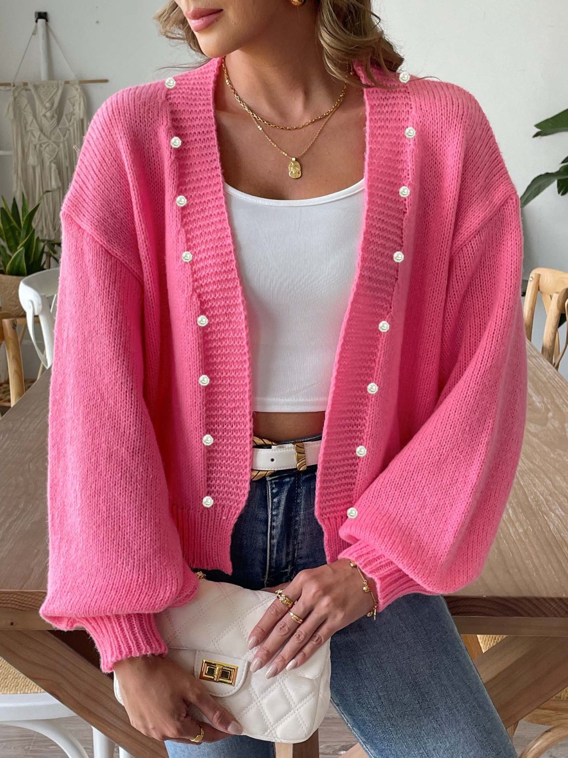 Pearl Open Front Long Sleeve Cardigan.