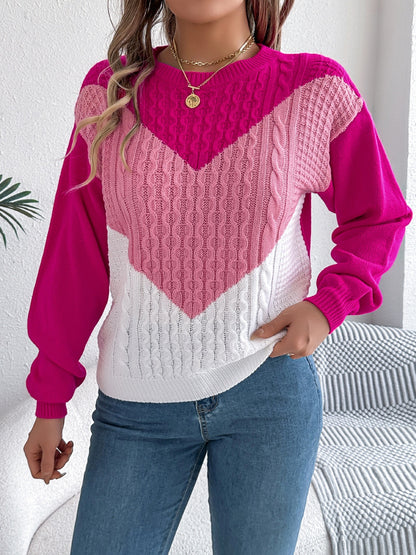 Contrast Round Neck Long Sleeve Sweater.